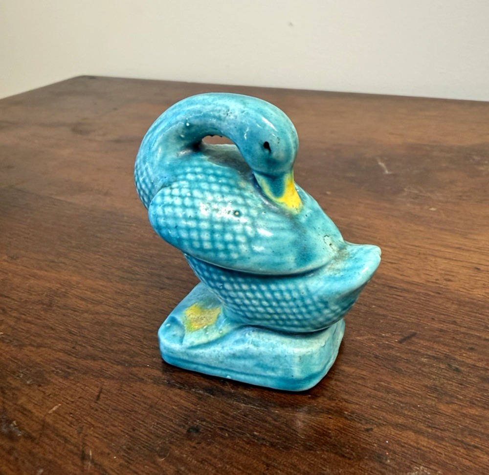 Vintage 1960s Japan Turquoise Ceramic Duck Bird Figurine MCM Preening 2.625"